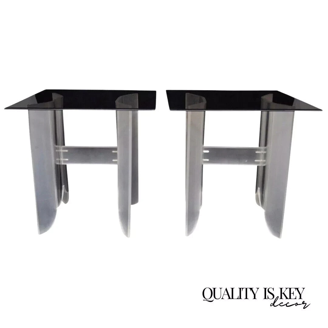 Vintage Mid Century Modern Frosted Lucite & Glass Butterfly End Tables - a Pair