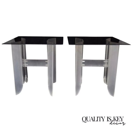 Vintage Mid Century Modern Frosted Lucite & Glass Butterfly End Tables - a Pair