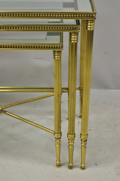 Italian Hollywood Regency Brass Mirror Glass Top Nesting Side Tables - Set 3