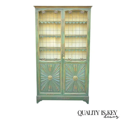 English Chinoiserie Green Distress Painted Tall George III Curio Display Cabinet