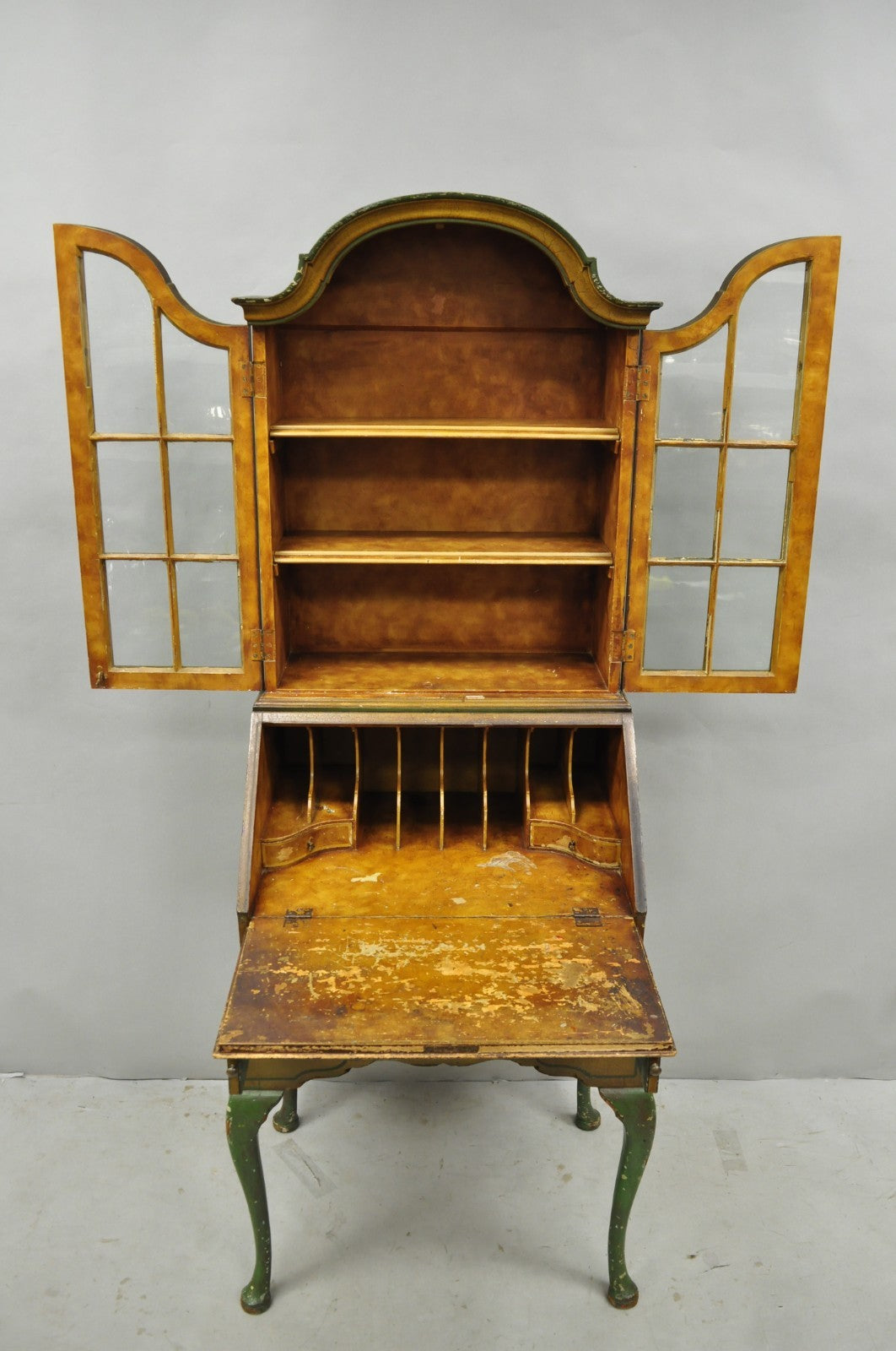 Antique English Adams Style Distress Hand Painted Narrow Secretary Writing Desk