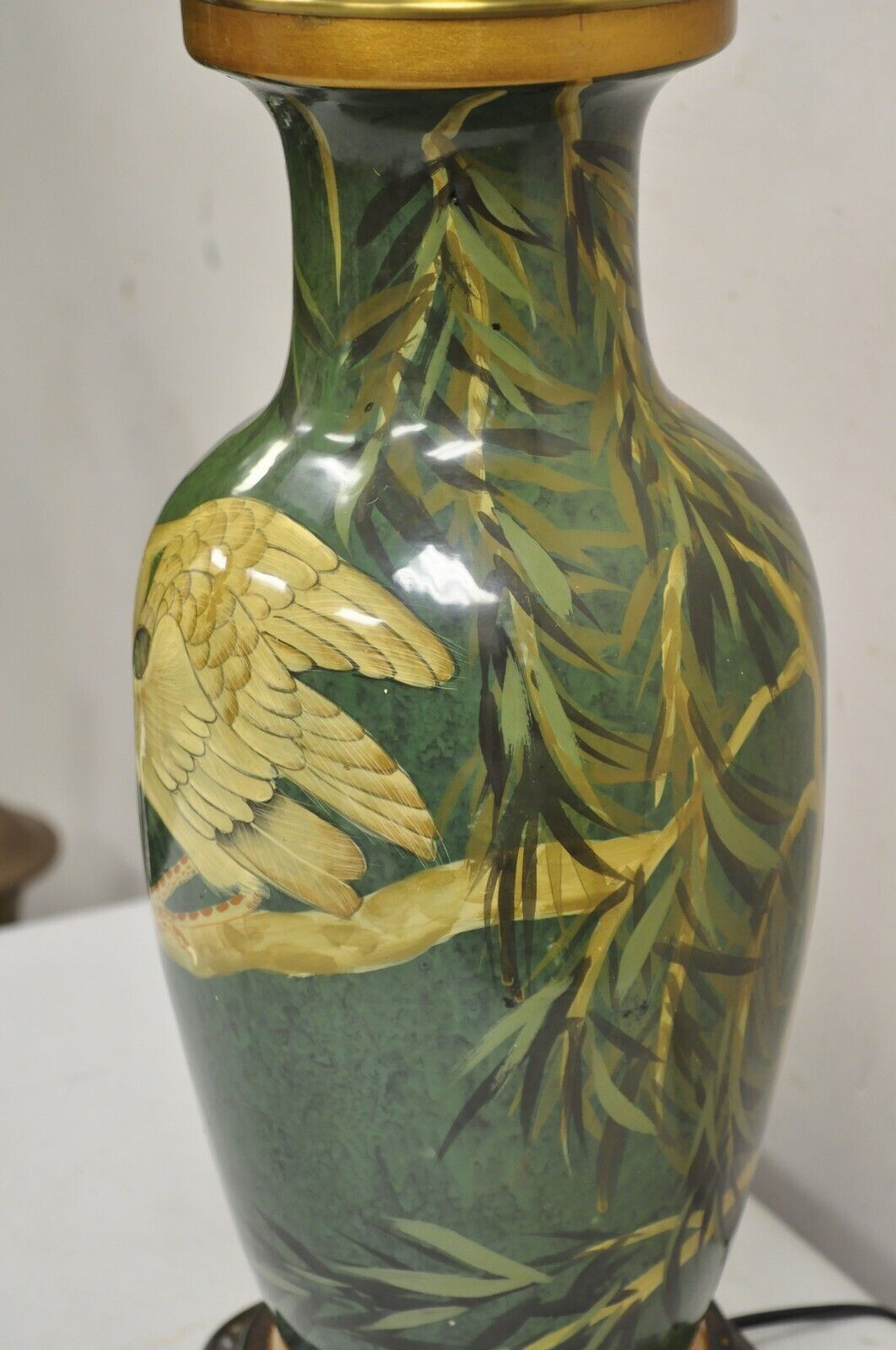 Vintage Chinoiserie Green Porcelain Jardiniere Table Lamp w/ Birds by Wildwood