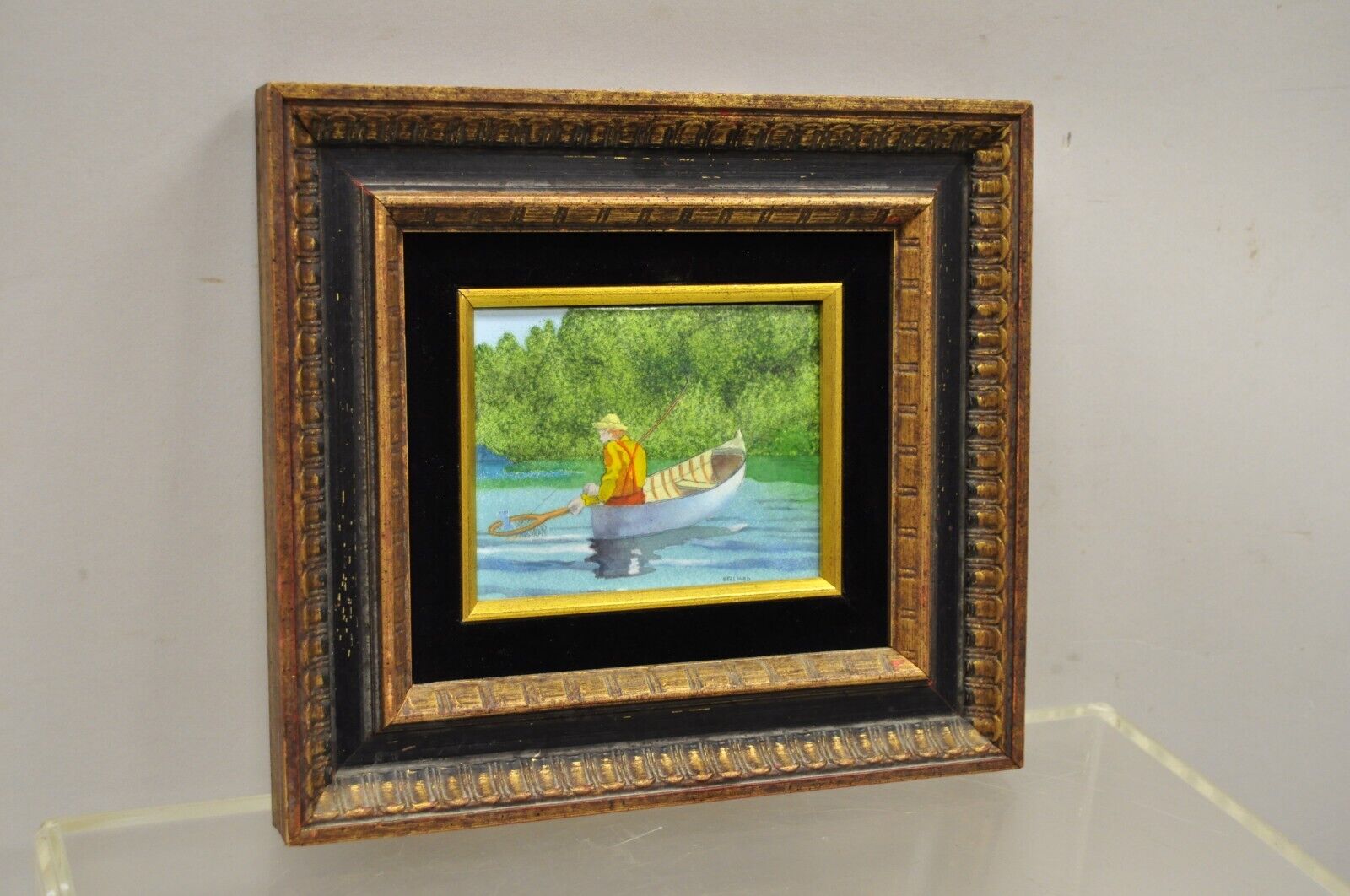 Daniel Belliard Enamel on Copper Small Framed Painting Fisherman in Boat on Lake