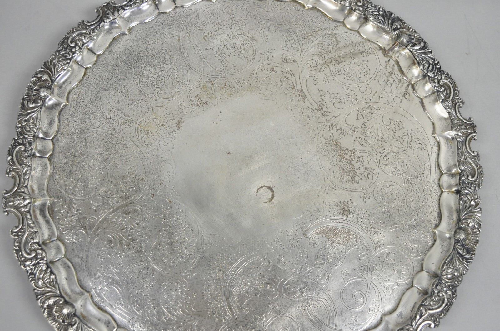Antique English Victorian 22" Round Silver Plated Serving Platter Salver Tray