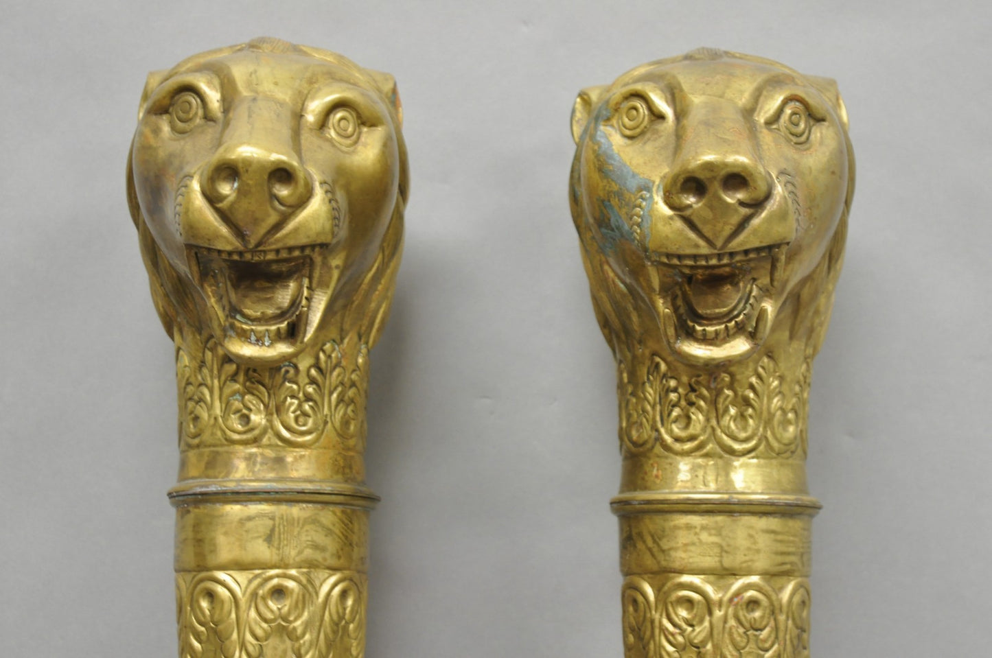 Vintage Italian Regency Neoclassical Large Brass Lion Sconce Door Handles Pair