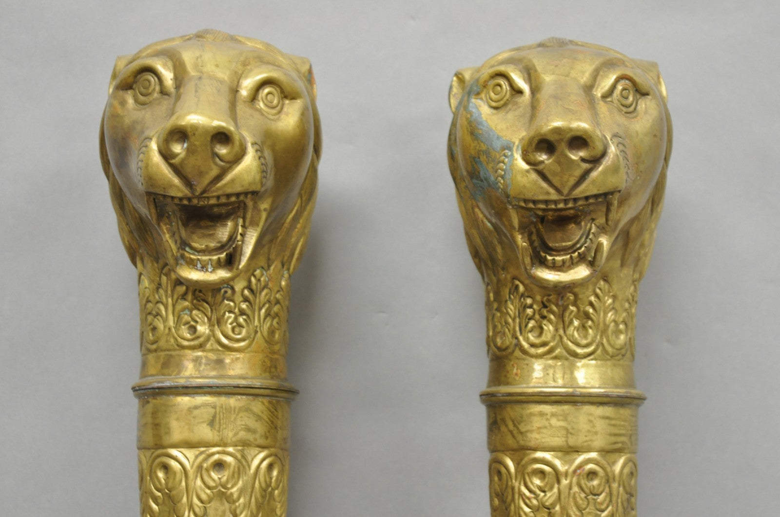 Vintage Italian Regency Neoclassical Large Brass Lion Sconce Door Handles Pair
