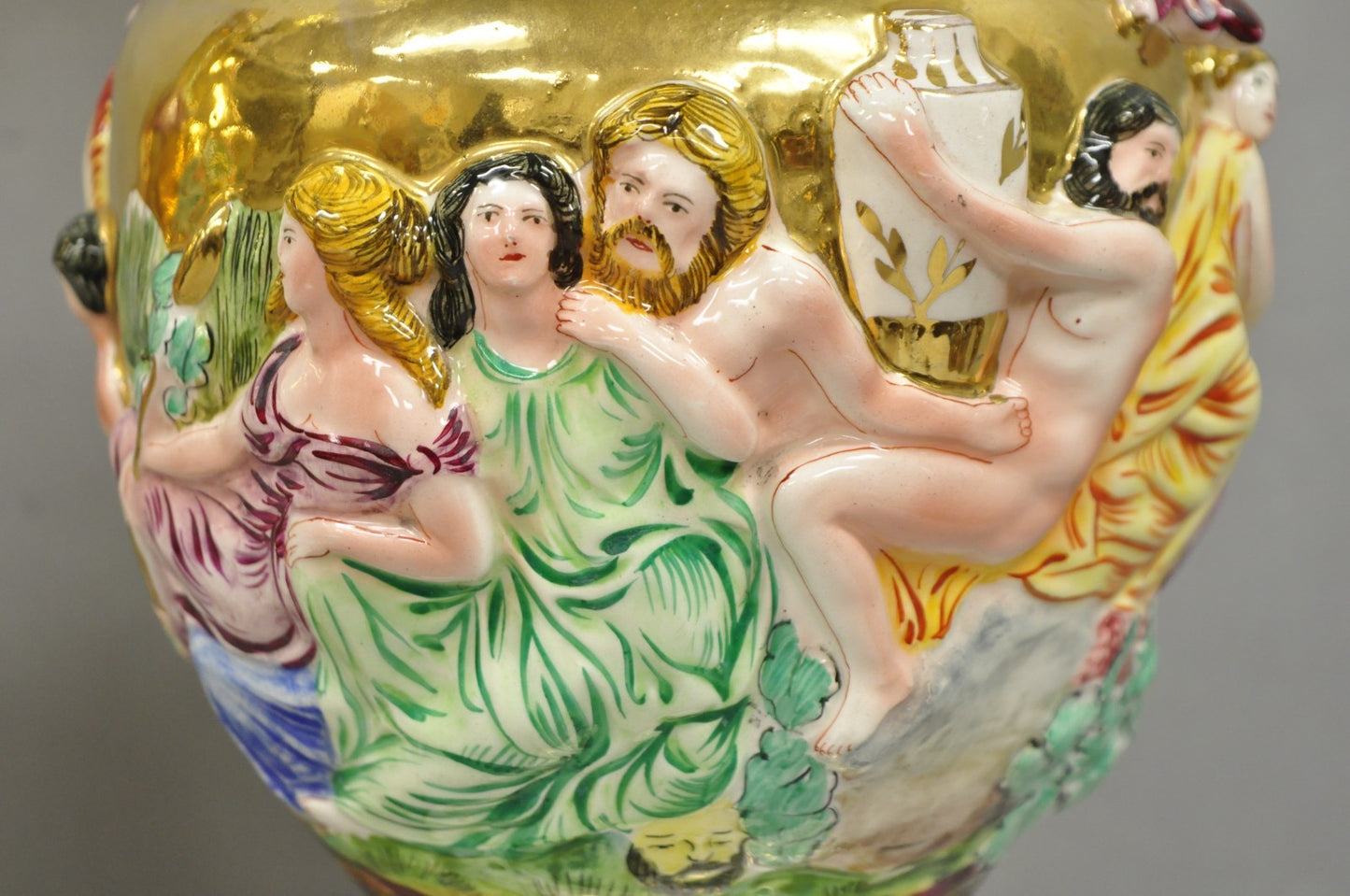 Antique Capodimonte Figural Porcelain Twin Handle Urn Gold Vase Table Lamps Pair