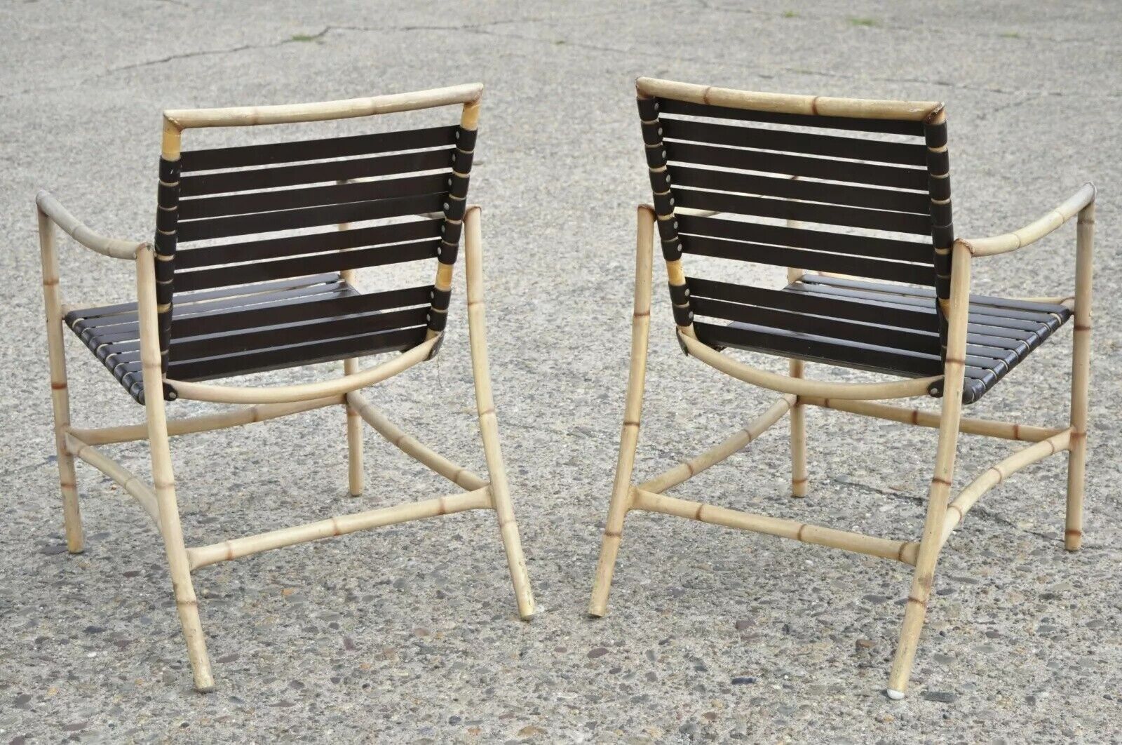 Faux Bamboo Chinese Chippendale Aluminum Vinyl Strap Pool Arm Chairs - a Pair