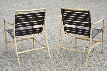 Faux Bamboo Chinese Chippendale Aluminum Vinyl Strap Pool Arm Chairs - a Pair
