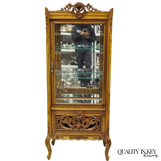 Vintage French Baroque Style Carved Wood & Glass Curio China Display Cabinet