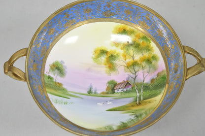 Nippon Hand Painted Porcelain Blue Centerpiece Compote Bowl w/ Cottage & Geese