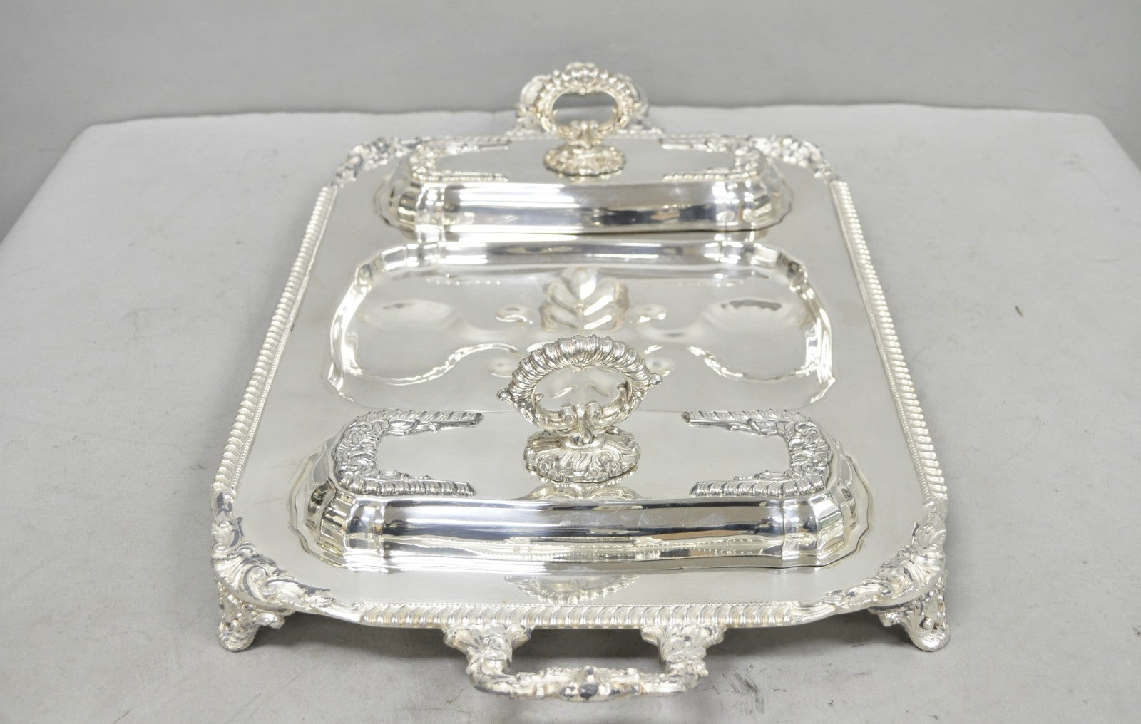 Vintage Victorian Silver Plated Meat Serving Platter Tray w/ Covered Dishes