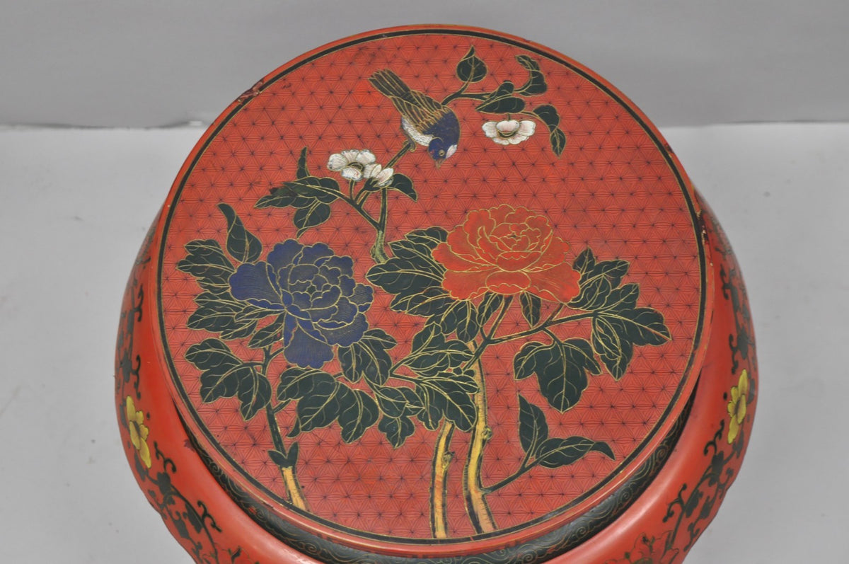 Vintage Chinoiserie Red Lacquer Pedestal Plant Stand Garden Stool Side Table (A)
