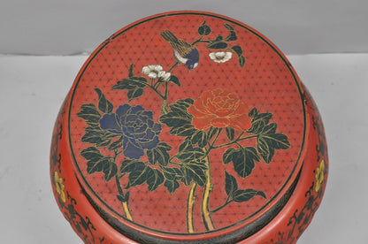 Vintage Chinoiserie Red Lacquer Pedestal Plant Stand Garden Stool Side Table (A)