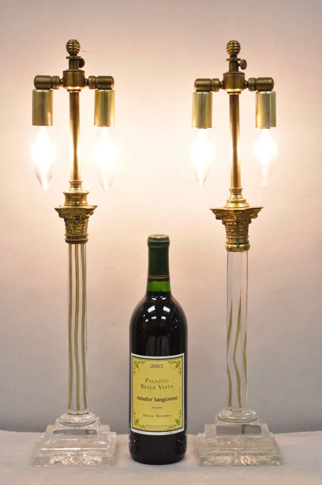 Antique Brass Corinthian Column Crystal Glass Candlestick Small Table Lamps Pair