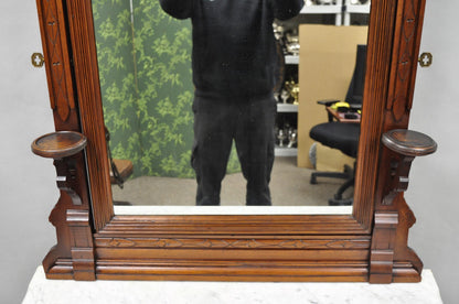 Antique Eastlake Victorian Carved Walnut Marble Top Washstand Dresser w/ Mirror