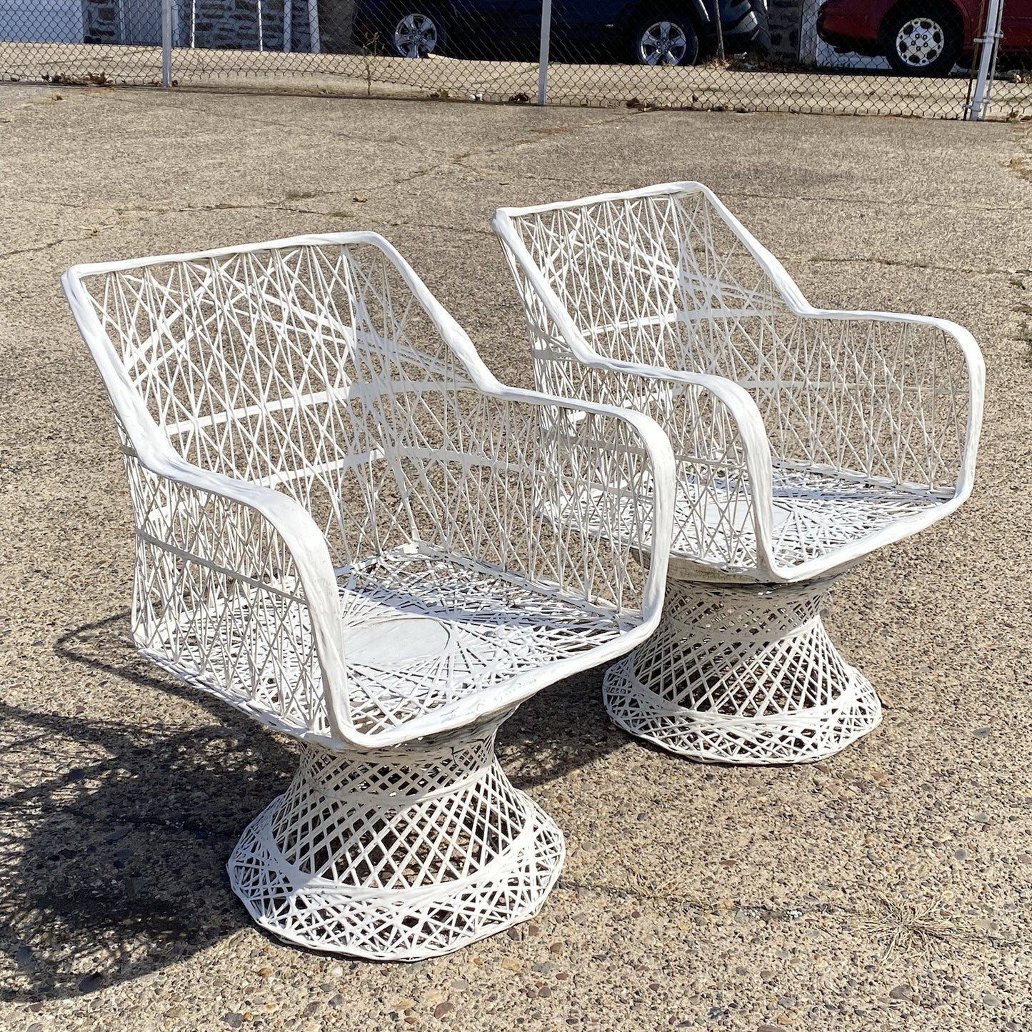 Vintage Russell Woodard Woven Spun Fiberglass Swivel Tilt Outdoor Chairs - Pair