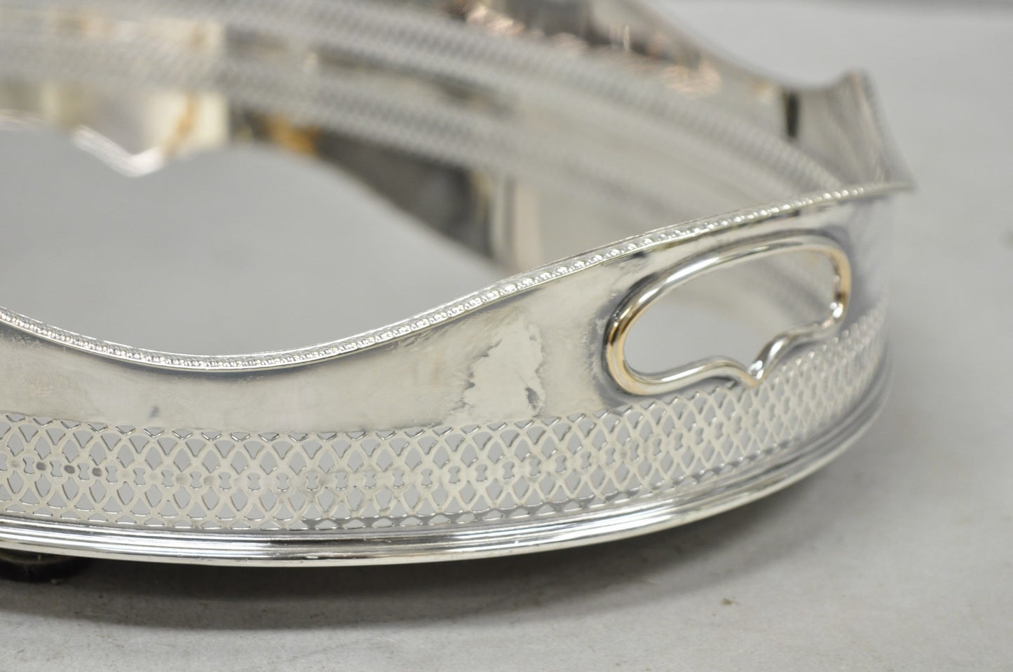 Antique English Edwardian Silver Plated Scalloped Oval Butlers Serving Bar Tray