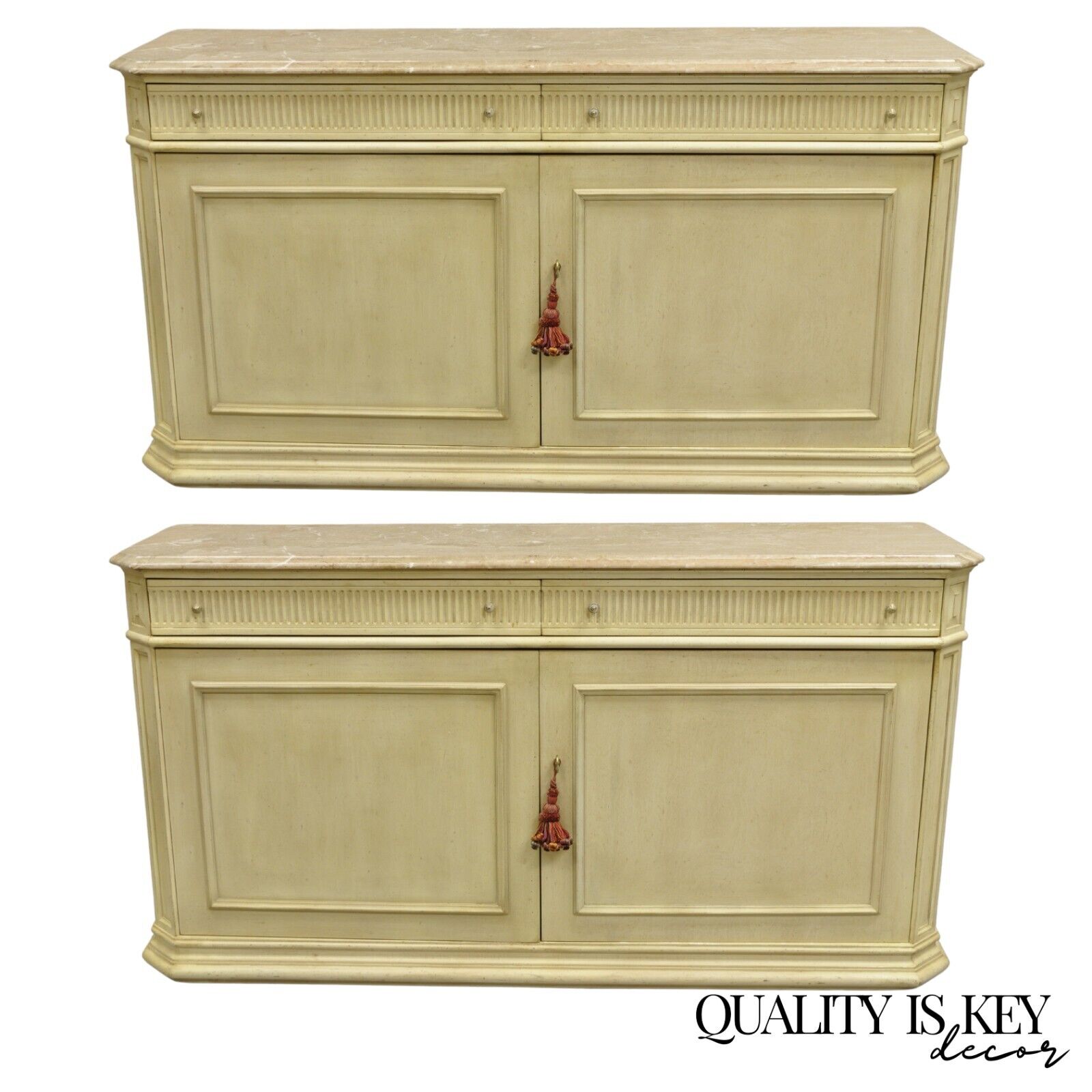 French Provincial Style Marble Top Cream Painted Sideboard Buffet Media Cabinet