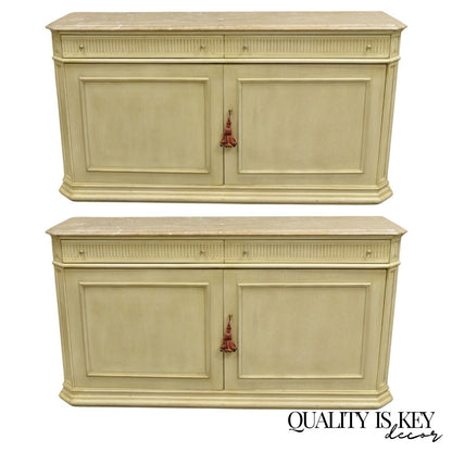 French Provincial Style Marble Top Cream Painted Sideboard Buffet Media Cabinet