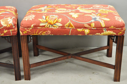 Vintage Chinese Chippendale Style Carved Mahogany Fretwork Bench Stool - Pair