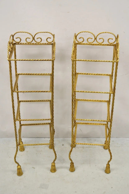Italian Hollywood Regency Rope Tassel Gold 4 Tier Iron Etagere Shelf - a Pair
