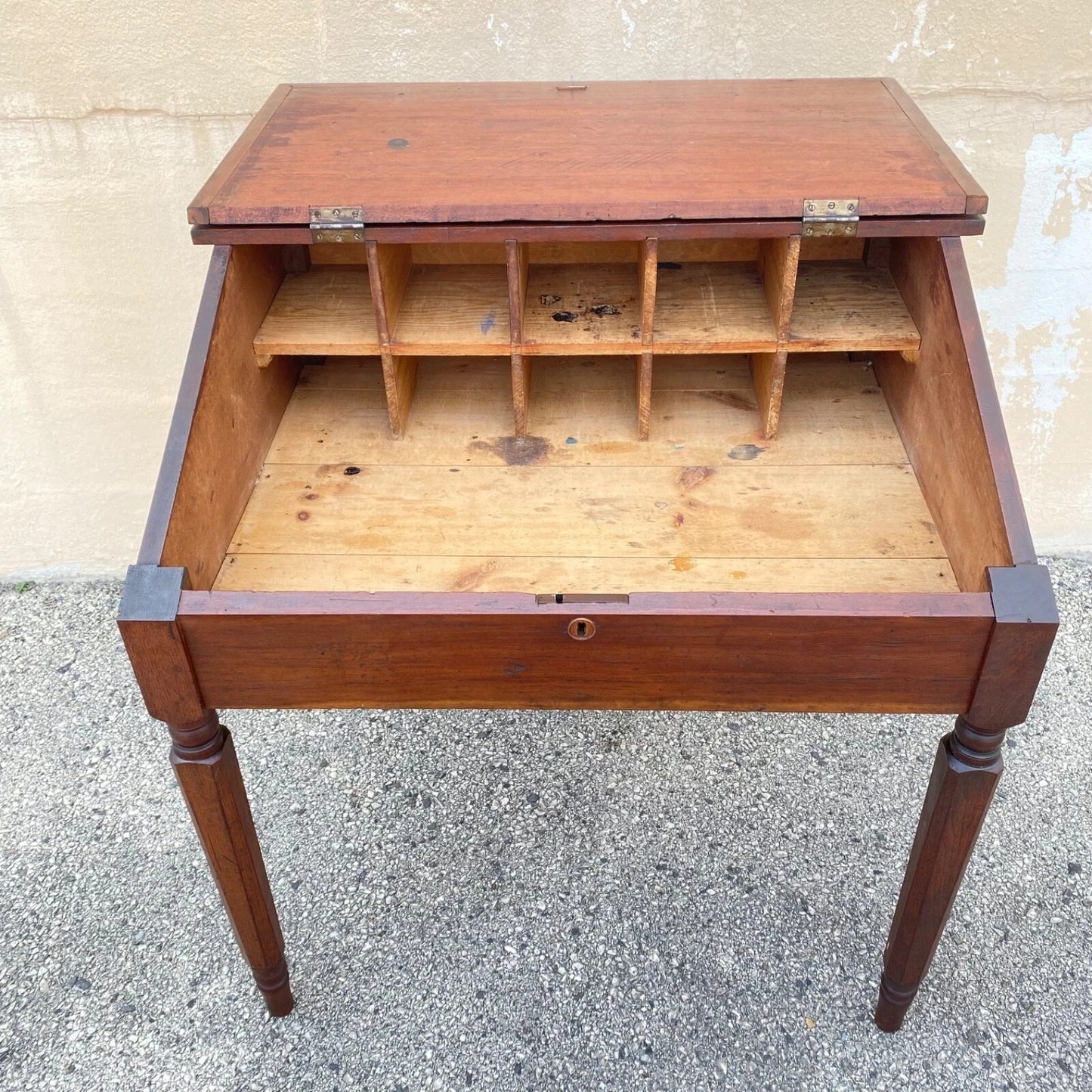 Antique Primitive Colonial Cherry Wood & Walnut Tall Schoolmasters Desk Table