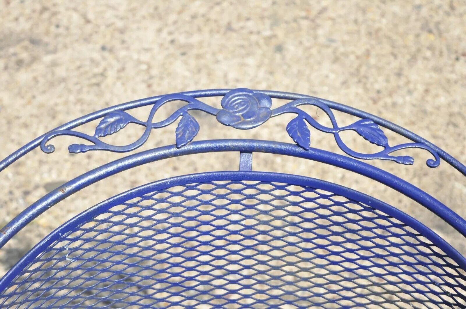Woodard Rose Pattern Blue Wrought Iron Barrel Back Garden Chair Table - 3 Pc Set