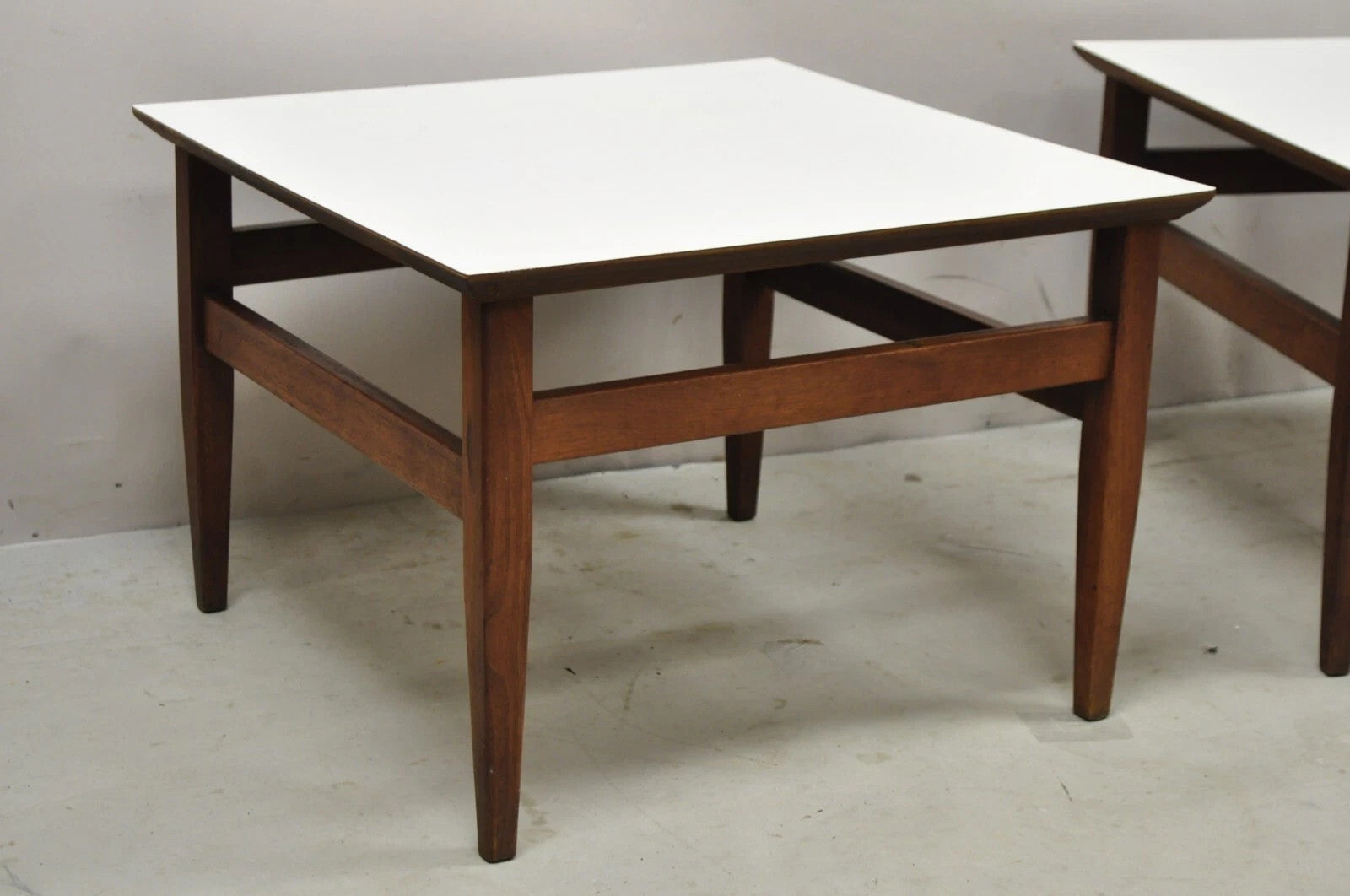 Vintage Mid Century Modern Walnut Base Laminate Top Low Side Tables - a Pair