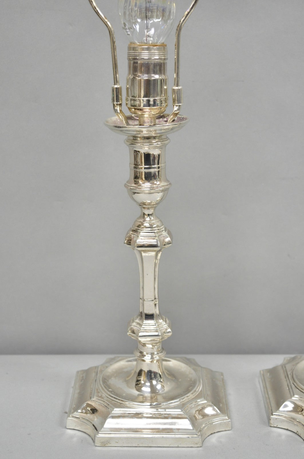 Antique English Regency Silver Plated Footed Candlestick Table Lamps - a Pair