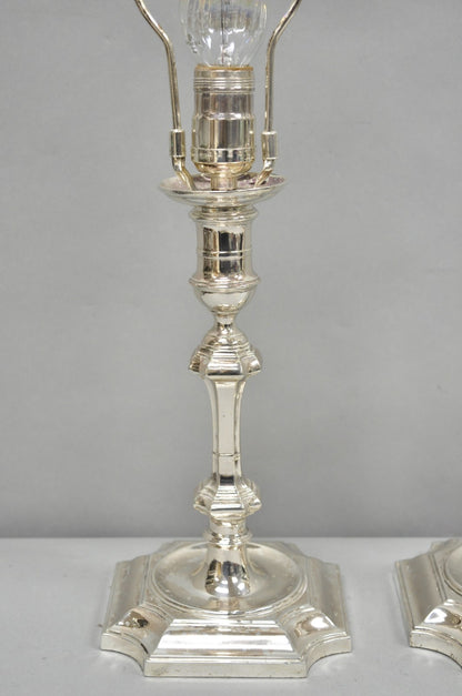 Antique English Regency Silver Plated Footed Candlestick Table Lamps - a Pair