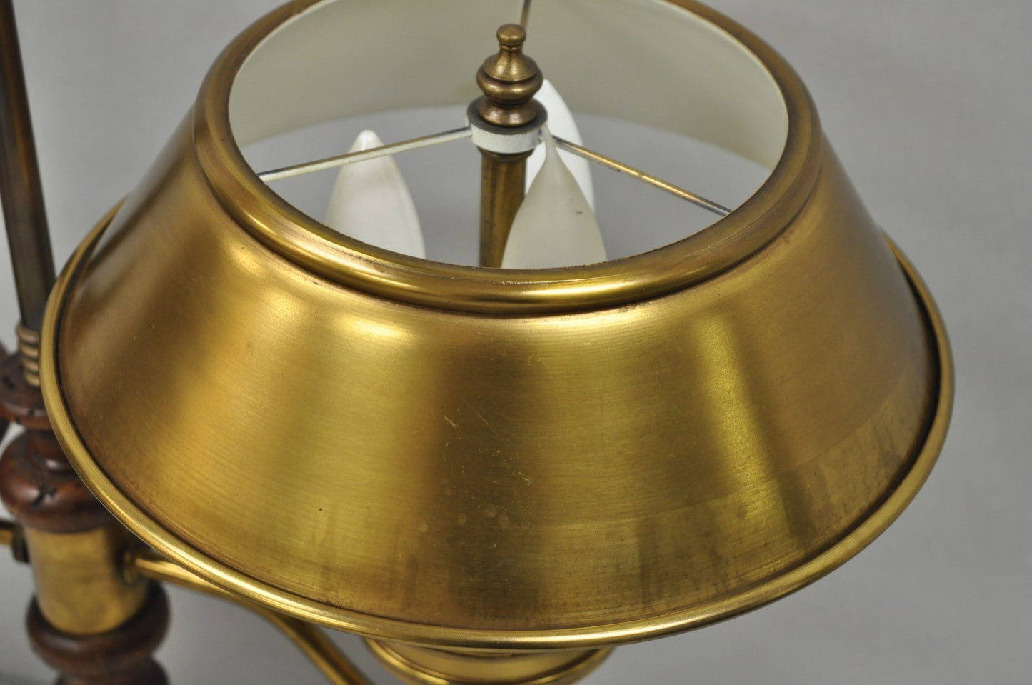 Vintage French Country Distressed Wood Brass Student Desk Lamp w/ Metal Shade