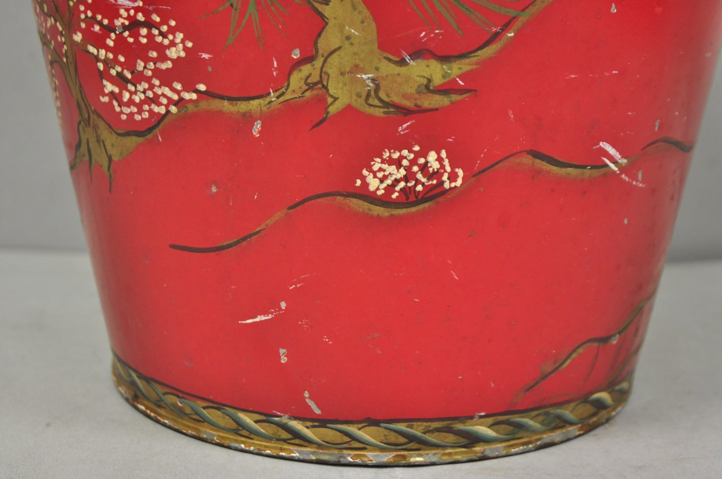 Italian Chinoiserie Hand Painted Oriental Red Tole Metal Wastebasket Trashcan