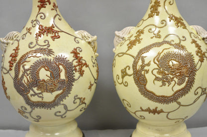 Antique Japanese Ceramic Beige Figural Dragon Vase Form Table Lamps - a Pair