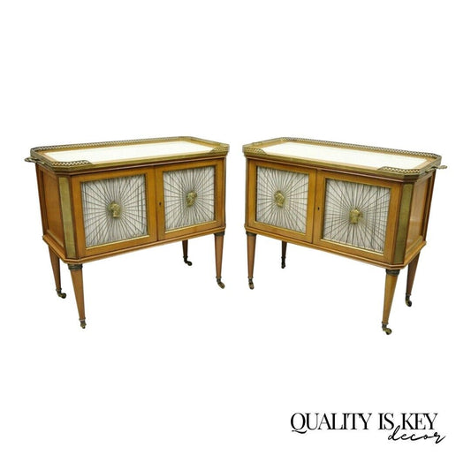 French Louis XVI Neoclassical Regency Mahogany Server Cabinet Tables - a Pair