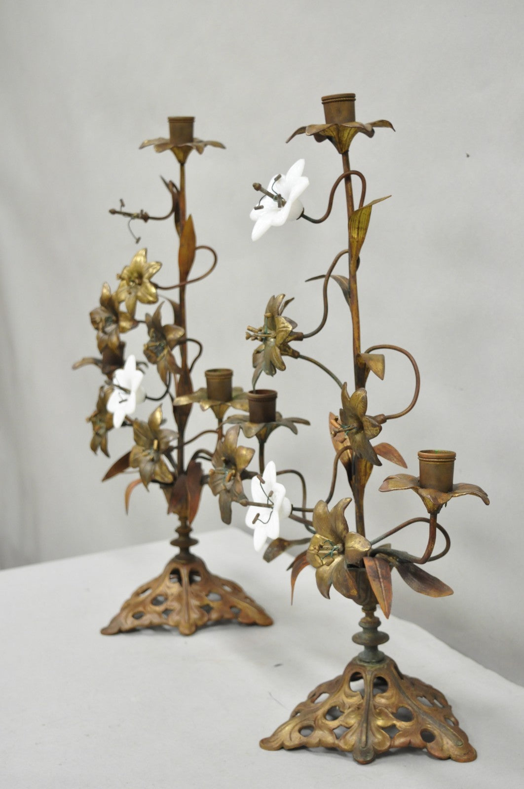 Antique French Baroque Gold Gilt Bronze Altar Church Candlestick Candelabra Pair