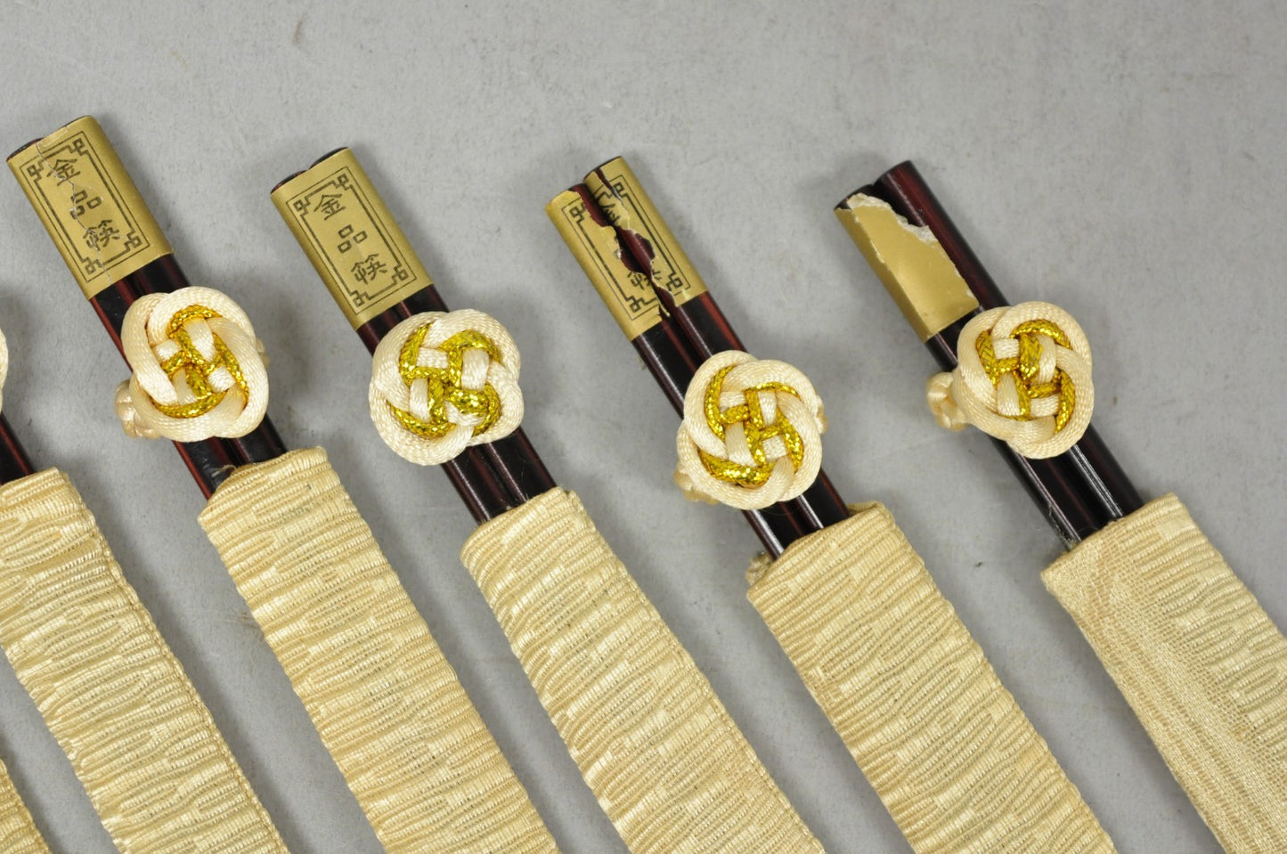 Vintage Japanese Oriental Chopsticks in Custom Silk Gold Sleeves - 6 Pc Set