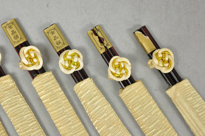 Vintage Japanese Oriental Chopsticks in Custom Silk Gold Sleeves - 6 Pc Set