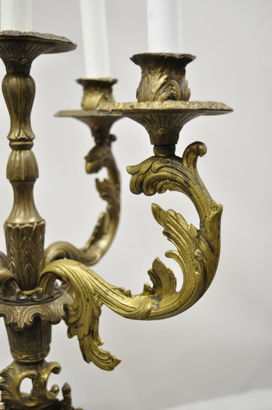 Vintage French Rococo Style Figural Cherub Brass & Marble Candelabra Table Lamp