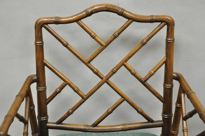 Vintage Chinese Chippendale Faux Bamboo Wood Fretwork Dining Arm Chairs - a Pair
