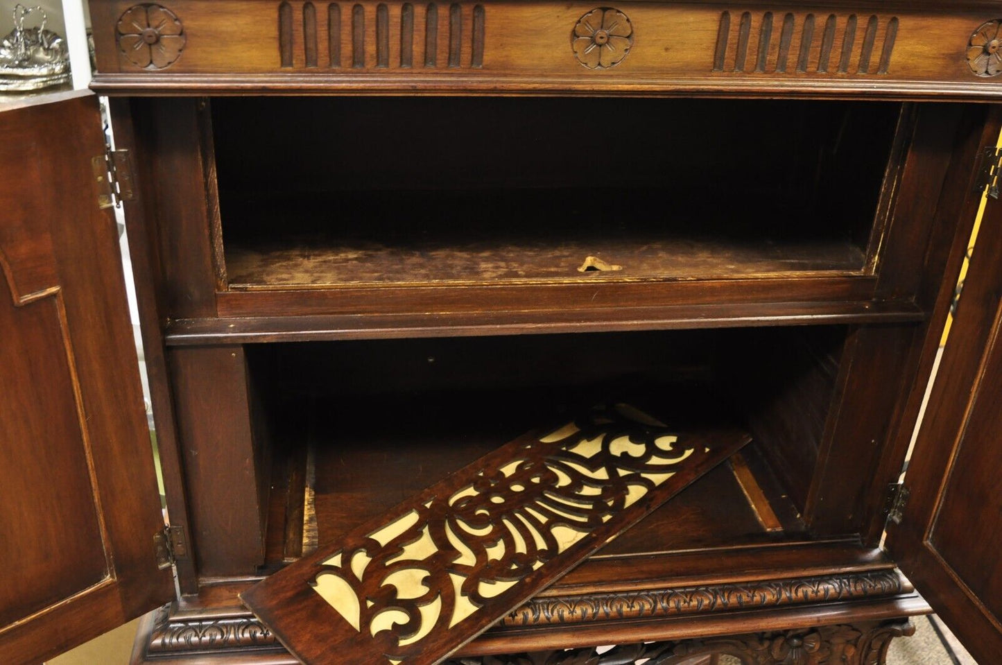 Antique French Renaissance Flower Carved Walnut China Cabinet Radio Bar Cabinet