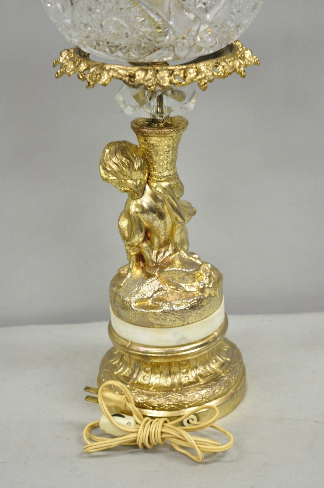 Vintage French Hollywood Regency Gold Cherub Crystal Glass Globe Table Lamp