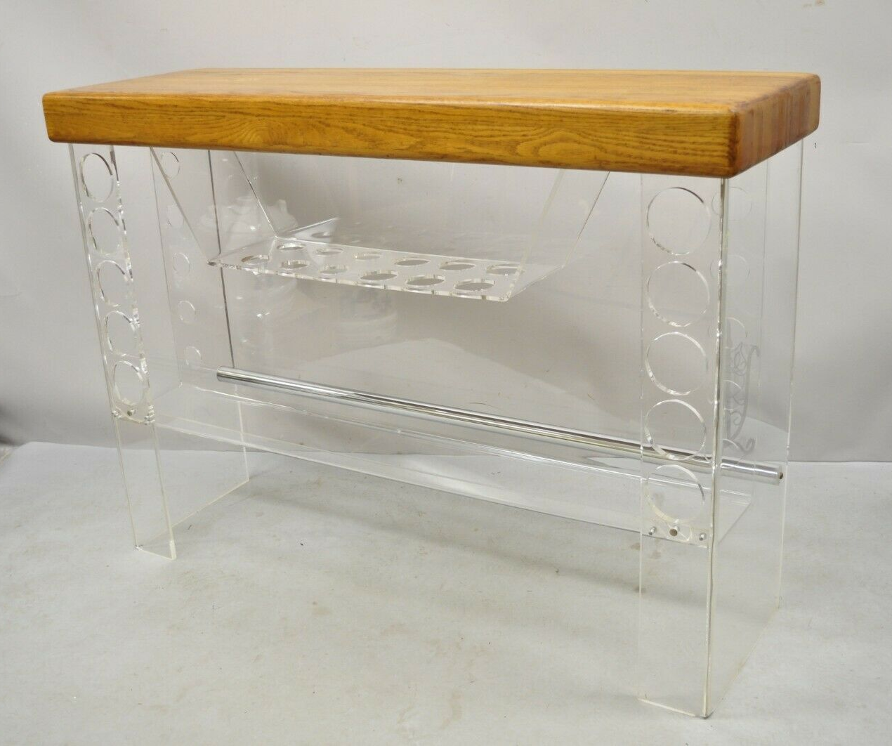 Mid Century Modern Lucite and Oak Wood Butcher Block Top Wine Bar Table