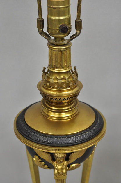 Vintage French Empire Style Figural Woman Black & Gold Brass Table Lamps - Pair
