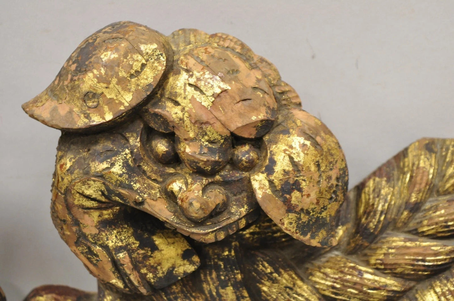 Vintage Chinoiserie Carved Wood Gold Gilt 12" Chinese Foo Dog Figures - a Pair