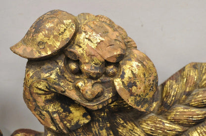 Vintage Chinoiserie Carved Wood Gold Gilt 12" Chinese Foo Dog Figures - a Pair
