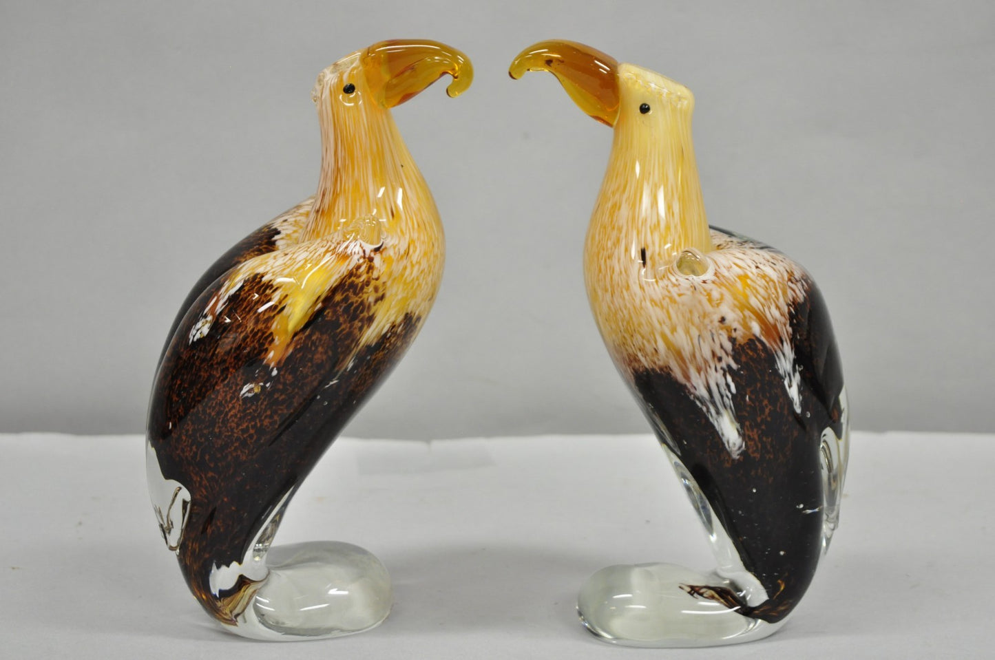 Vintage Murano Style Handblown Art Glass Brown Bald Eagle Bird Figurine - a Pair