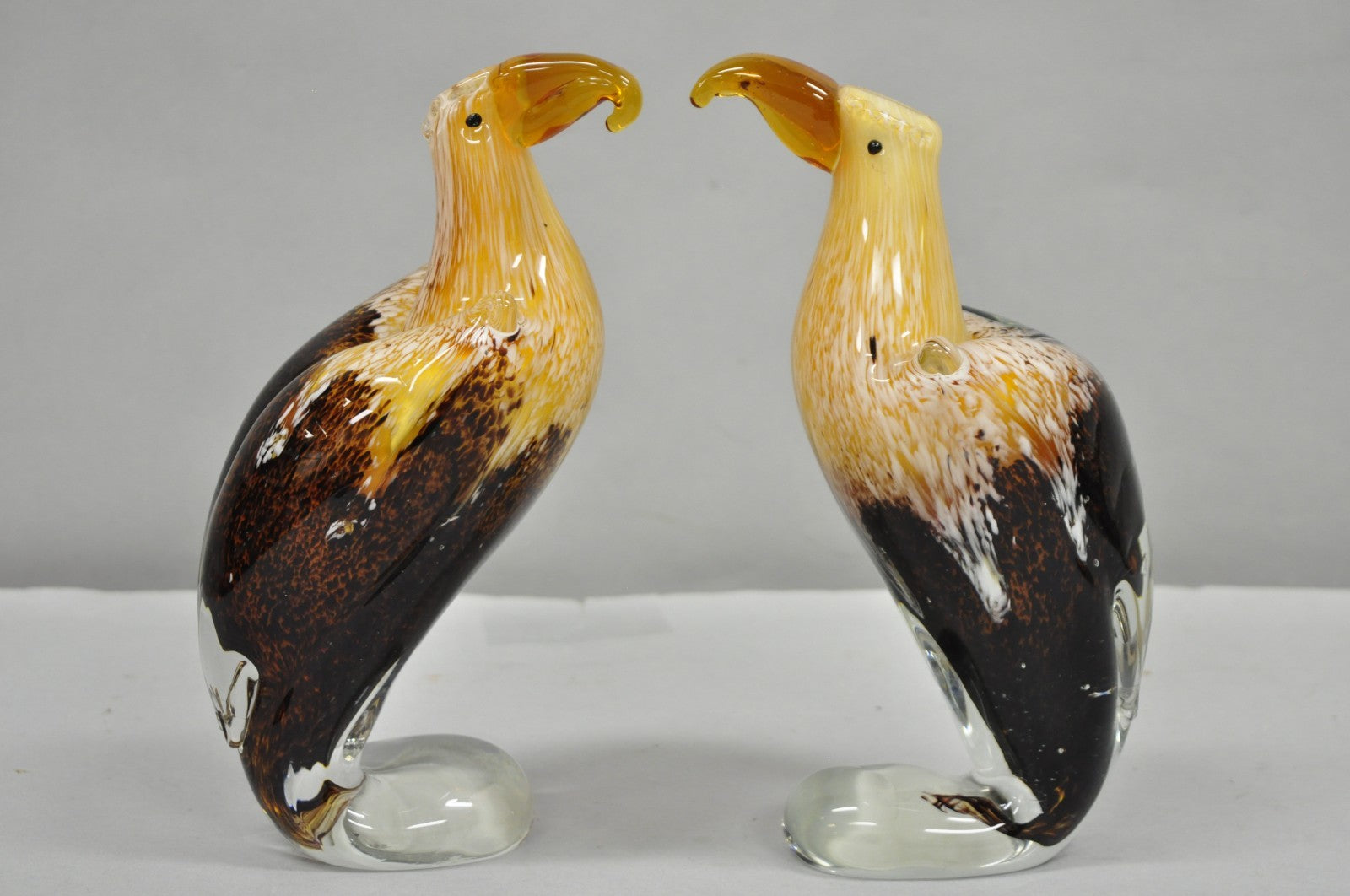 Vintage Murano Style Handblown Art Glass Brown Bald Eagle Bird Figurine - a Pair