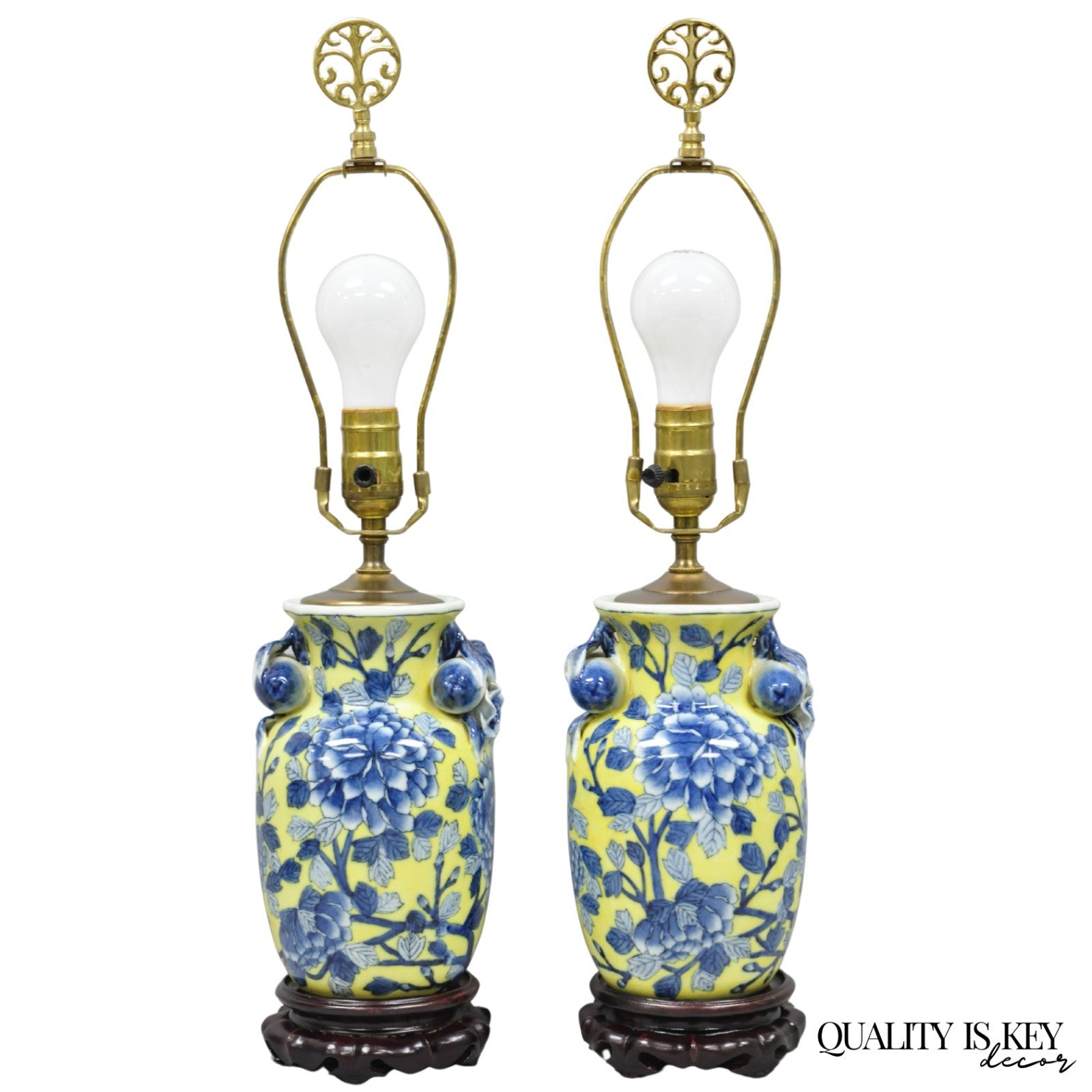 Vintage Chinoiserie Chinese Blue & Yellow Flower Small Porcelain Table Lamp Pair
