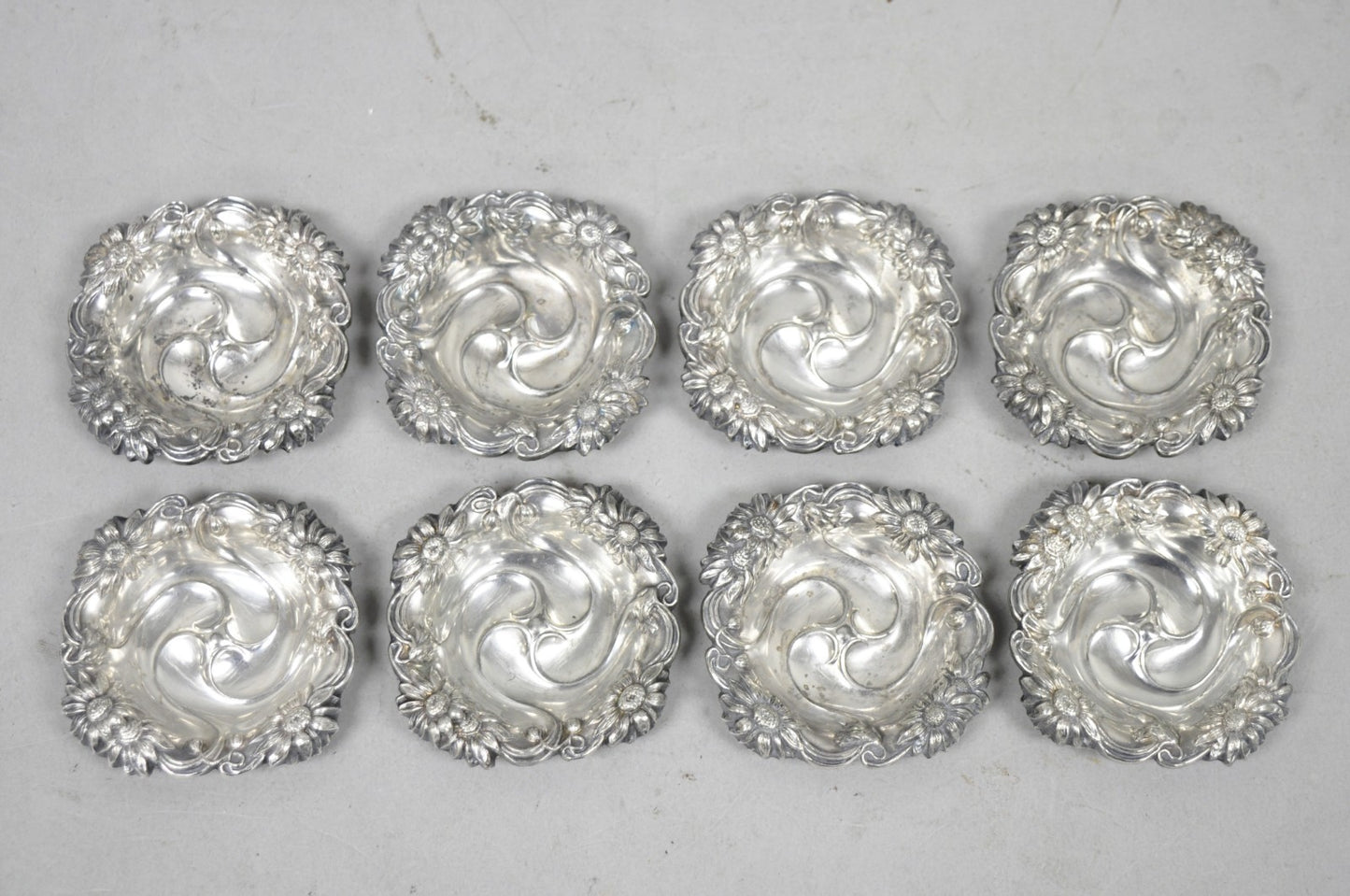 Antique English Art Nouveau Silver Plated Floral Repousse Nut Dish Bowl Set of 8